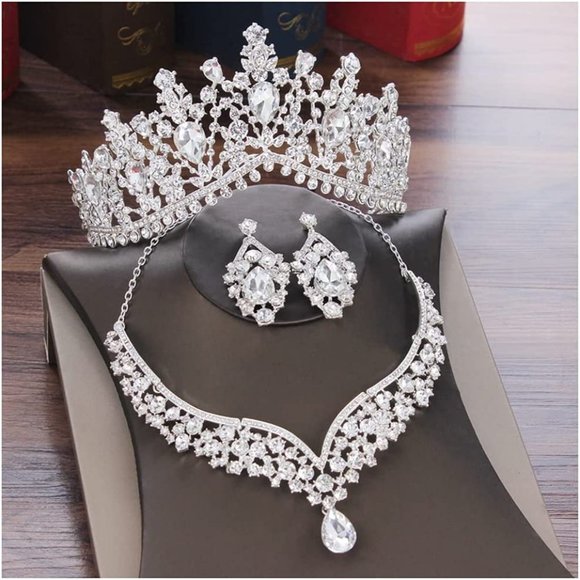 Rhinestone Crown Necklace Earrings Headdress, Bridal Wedding Jewelry Set - Picture 1 of 5